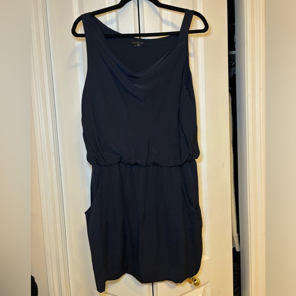 Theory - Silk Osteen Draped Dress Side Pockets Sleeveless Navy Blue in Size 12 - Picture 1 of 11
